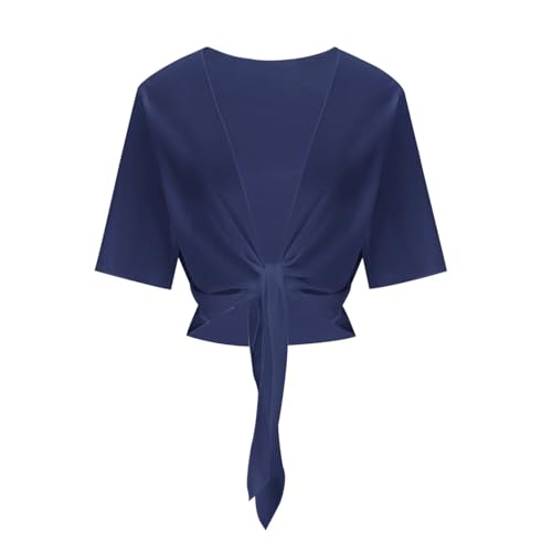 Image of Women's Chiffon Cropped Bolero Sheer Shrugs for Dress Short Sleeve Tie Front Cardigan