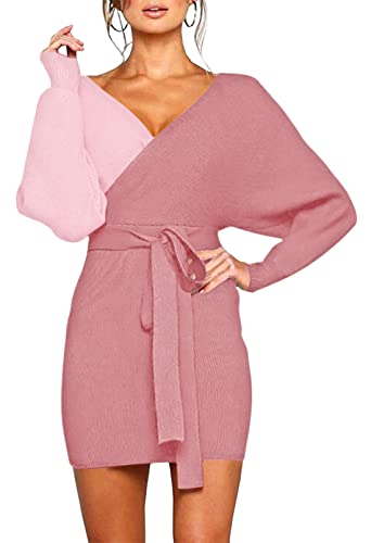 Viottiset Women's V Neck Long Batwing Sleeve Wrap Midi Knit Sweater Dress Elegant Backless with Belt Slit