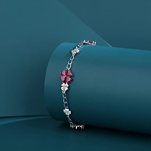Image of JIANGXIN Lucky Four leaf clover 925 Sterling Silver Birthstone Chain Link Bracelet for Women Gemstone Jewelry Shamrock Birthday Gift 16+4cm