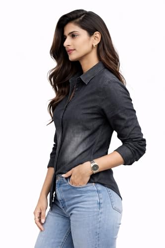 Image of Women's Denim Shirt | Long Sleeve Button Down Casual Shirt | Lightweight Summer Friendly Fabric | Regular Fit | Navy Blue & Charcoal Grey