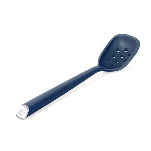 Image of Calphalon Edge Silicone Slotted Spoon /Skimmer, Flexible Heat-Resistant Kitchen Strainer Spoon for Cooking, Frying, Skimming & Serving, Nonstick Safe, Navy Blue