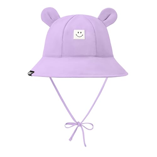 Image of Zando SmileyWorld Baby Sun Hat UPF 50+ Infant Bucket Hats with Bear Ear 0-6 Months Wide Brim Beach Hat for Boys Girls Newborn Purple