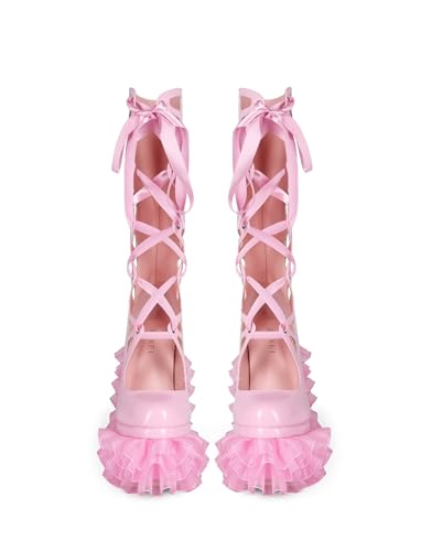 Kawaii Sweet Lolita Chunky Platform Knee High Heeled Boots, Cosplay Anime Patent Bow Ribbon Satin Lace Butterfly, Y2K Gothic Hot Cute Lovely Girl Big Large Size Shoes For Women Men2