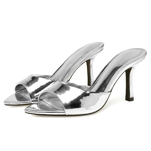 Image of Riekhany High Heel Mules for Women Slip On Open Pointed Toe Classy Patent Leather Stiletto Pumps Formal Slingback Mule Sandals Dress Walking Shoes