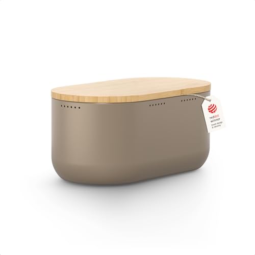 Image of LARS NYSOM Bread Box I Metal bread box for long lasting freshness with non-slip pads I Baked goods Bin with bamboo lid usable as cutting board I 13.6x7.3x6.2in (Taupe Brown)