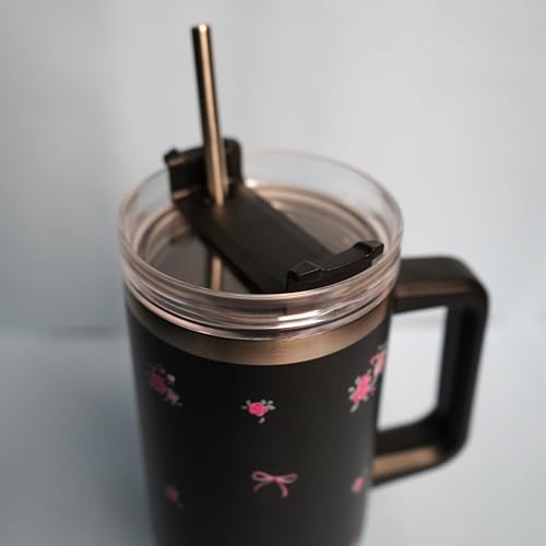 Image of 1200ML Stainless Steel Tumbler Hot and Cold with Handle and Lid and 2 Straws, Double Insulated Cup Leak Proof Mug Cupholder for Gym, Travelling (Black Blossom)