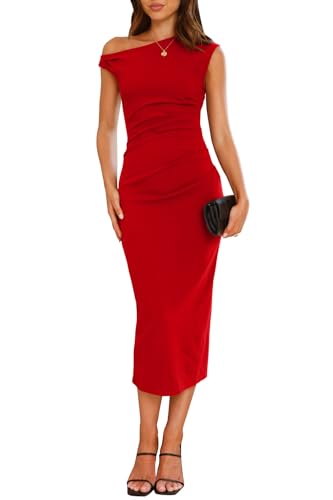 Image of IHOT Women's Sleeveless One Shoulder Bodycon Ruched Slit Wedding Guest Cocktail Midi Dress