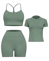 SALSPOR Women 3 Piece Workout Sets Seamless Running Tops Athletic Gym Yoga Short Y Back Sports Bras Outfits(3DXTZ-Grayish Green-M) — image 5