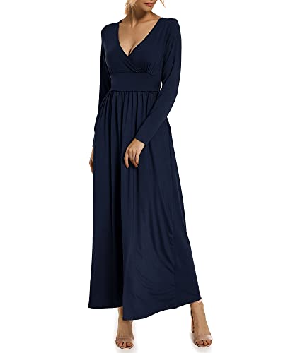 Jacansi Women's Cotton Long Sleeve Dress Casual Plain Home Maxi Dress With Pockets(02- Navy,Xxl) #TOP1