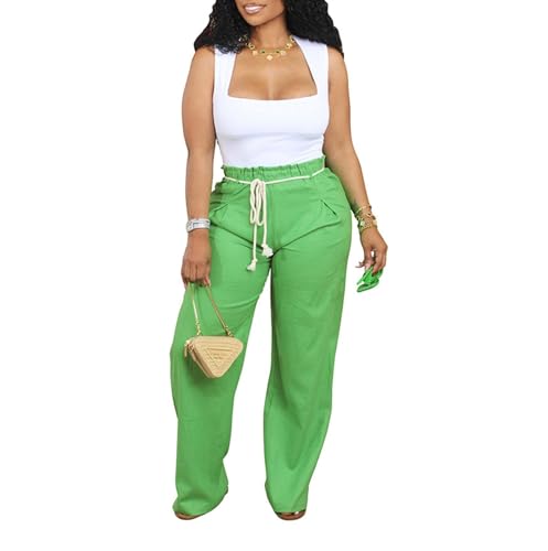 Women's Casual Drawstring Waist Wide Leg Loose Cotton Linen Wide Leg Palazzo Pants Beach Pants Summer Outfits