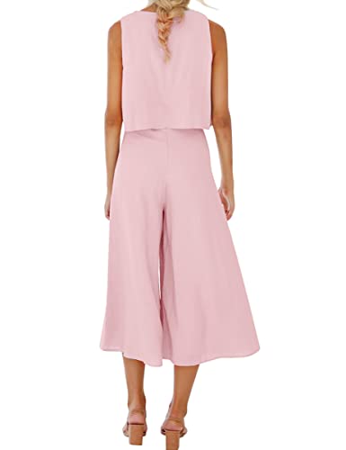 Roylamp Women's Summer Two Piece Outfits Round Neck Crop Basic Top Cropped Wide Leg Pants Set Jumpsuits Pink Purple S #TOP1
