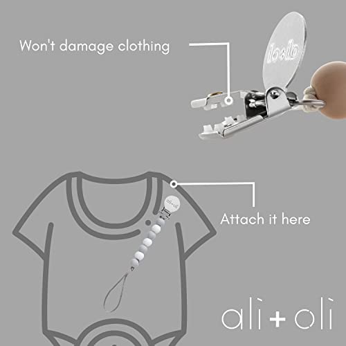 Image of Ali+Oli Silicone Pacifier Clip for Baby (Thin Grey) 100% Food-Grade BPA Free Newborn Pacifier Holder Infant Binky Clip for Baby Boy or Girl | Food-grade material, Keeps soothers within reach, Secure attachment, Lightweight, Everyday use, Easy cleaning