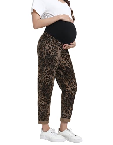 Yornobly Womens Maternity Trendy Leopard Print Jeans Boyfriend Over Belly Stretch Denim Pregnancy Pants