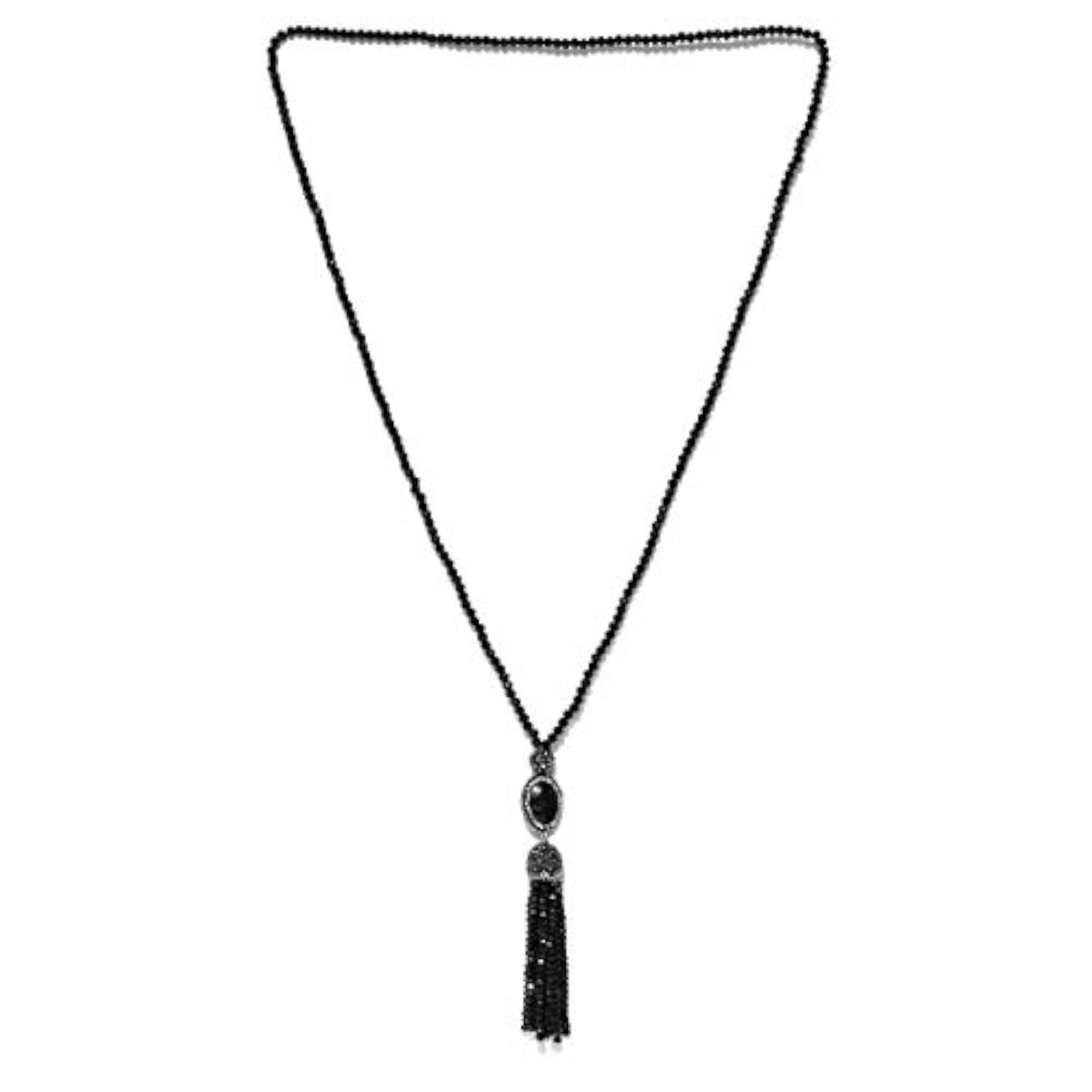 Beaded & Crystal Silver Tassel Necklace for Women