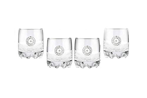 Popov 42414-925, 6-3/4 Oz Brooch Jeweled Whiskey Glasses w/Rhinestones, Crystal Tumblers, Set of 4
