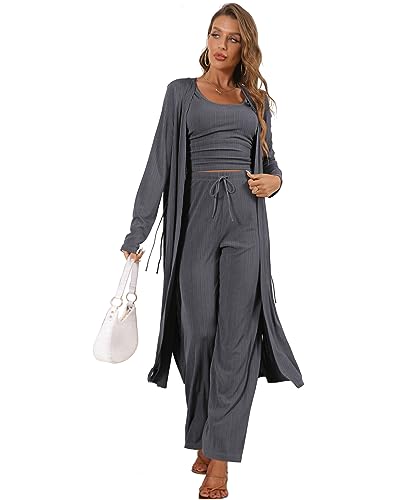 Image of 3 Piece Lounge Sets for Women Airport Travel Outfit | Long Cardigan,Tank Top ,Wide Leg Pants with Pockets,Comfy Loungewear,Casual Chic, Airplane Clothing,Vacation Matching Set