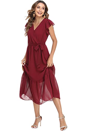 Image of VintageClothing Womens Sundress Casual Floral Summer Boho Dress | Flowy Wrap V Neck Ruffle A-Line Pleated Hem Midi Dresses