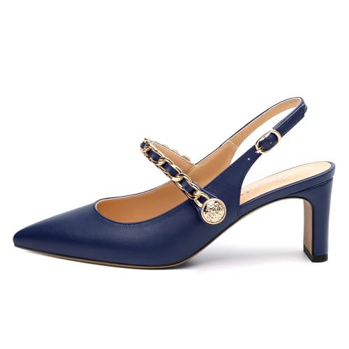 Womens Slingback Pumps, Pointed Toe Mid Chunky Heels Metal Chain Adjustable Strap Buckle Dress Shoes for Ladies Office Wedding Evening 2.5 Inch2