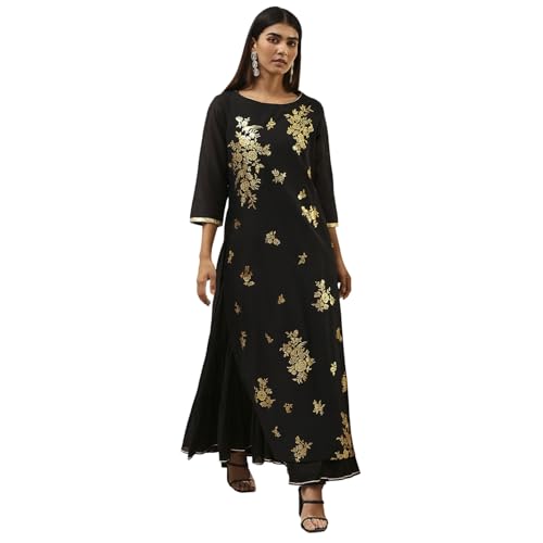 Image of Biba Women's Poly Chanderi 3 /4 Sleeves Calf Length Round Neck A-Line Casual Dress