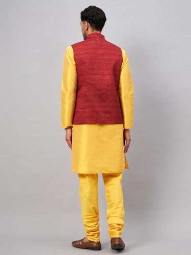 Image of VM Men's Silk Blend Jacket, Kurta and Pyjama Set (VMMJ121MAnK001CRnPCR Yellow 40)