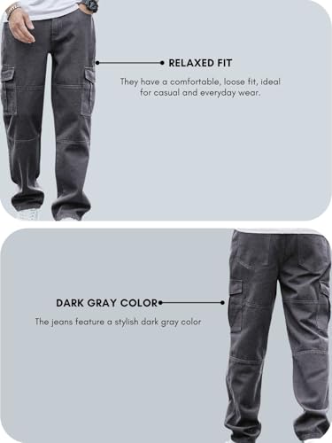 GRECIILOOKS Baggy Cargo Jeans for Men – Mid Rise Relaxed Fit Denim Cargo Pants | Streetwear Utility Pant with Multiple Pockets