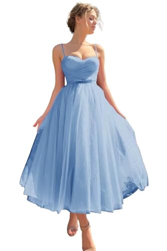 Image of A line Ruched Tulle Prom Dress Spaghetti Straps for Women, Tea Length Sweetheart Homecoming Dress Cocktail Dress
