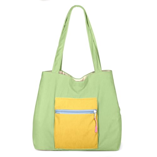 Image of Corduroy Tote Bag Large Shoulder Handbag Hobo Shopping Travel Bag with Zip Pocket and 2 Random Enamel Pins