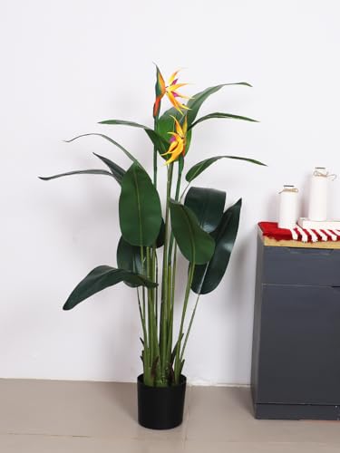 Image of ARICK DECOR Artificial Bird of Paradise Plant 5Ft Tall with Flowers - Fake Tropical Palm Tree with 2 Faux Crane Flowers & Silk Banana Leaves, Large Indoor Fake Decorative Tree in Black Pot