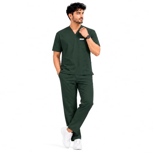 Image of Unisex Medical Scrub Suit Set, V-Neck Top with Pants, Short Sleeve, Polyester Cotton Blend, 7 Pockets, Regular Fit, Hospital Doctor Nurse Uniform