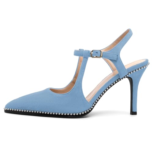 Image of SAMMITOP Womens High Heels Ankle Strap Pointed Toe Stilettos Patent Leather Beaded Pumps Dress Shoes 3.5 Inch