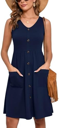 Heymoments Women's Summer Dresses Sleeveless Casual Fashion Loose Swing Button Down Beach Dress with Pockets