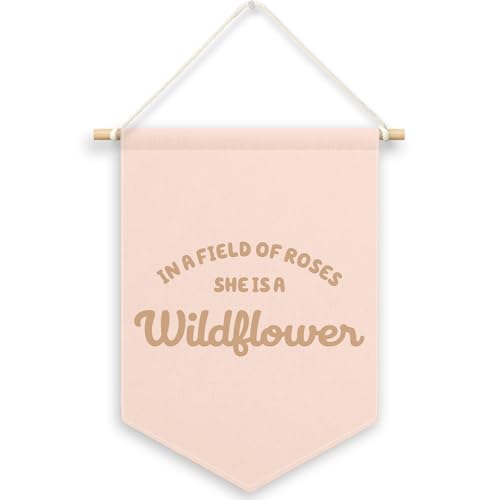 Image of Dimurela Pink Girls Banner Canvas, Inspirational Girly Kids Room Decor, She Is A Wildflower Pennant Flag Sign Hanging, Nursery Boho Wall Art Gifts for Toddler Room Playroom Baby Shower Decor 11x15in
