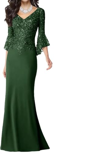 Lace Applique Chiffon Mother of The Bride Dresses for Wedding 3/4 Sleeve Long Mermaid Wedding Guest Dresses for Women Formal
