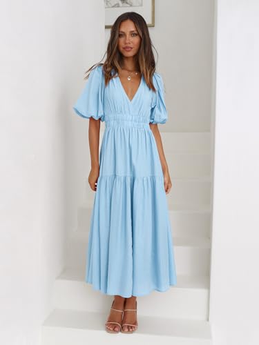 Image of Womens Deep V Neck Puff Short Sleeve Tired Maxi Dress Boho Long Flowy Summer Dresses