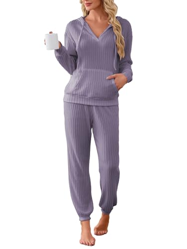 Image of Famulily 2 Pieces Ribbed Knit Outfits Drawstring Hoodies Jogger Pants Matching Pajama Sets with Pockets