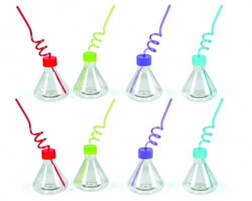 Fun Express Plastic Cups with Lids and Straws for Kids - 8oz BPA-Free Reusable Science Beaker Cups Set of 8 | Colorful Party Favor Cups Perfect for Science Birthday Party Decorations & School Events
