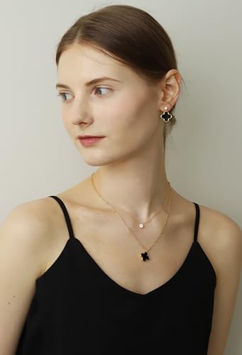 Unique Earrings for Women Trendy, 14K Gold Plated Four Leaf Clover Heart Butterfly Stud Dangle Earrings, Black Onyx White Huggie Earrings Birthday Christmas Valentine's Day Jewelry Gifts3