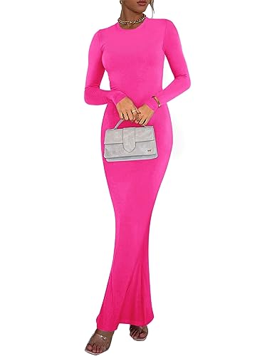 Image of REORIA Women's Sexy Crew Neck Lounge Long Dress Elegant Long Sleeve Ribbed Bodycon Maxi Dresses