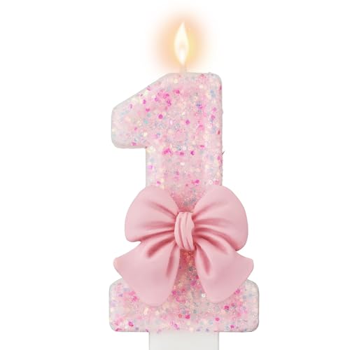 HIBILDER Pink Number 1 Birthday Candle, Girl 1st ​Birthday Party Pink Theme Decorations Supplies, 3D Bow Designed Glitter Pink Number Candles for Birthday Cake Topper Decorations (1 Candle Pink)