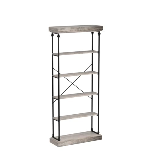 IDEALHOUSE Industrial Bookshelf Wood Bookcase 6 Tier Storage Open Rack Shelf with Metal Frame Rustic Tall Standing Bookshelves Large Grey Display Rack for Bedroom,Living Room and Home Office