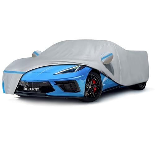 Image of Car Cover for 2020-2025 Corvette C8, Waterproof Custom-fit Sun Rain Dust Snow All Weather Protection Outdoor C8 Full Car Cover with Door Zipper and Cotton Lining-Gray