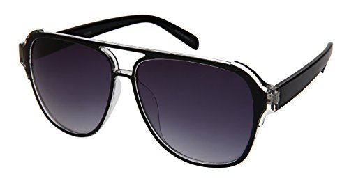Edge I-Wear Fashion Aviator Brow Bar Plastic Sunglasses w/Mirrored Lens 541086TT-REV (Black+clear frame/Grey gradient lens, 58)