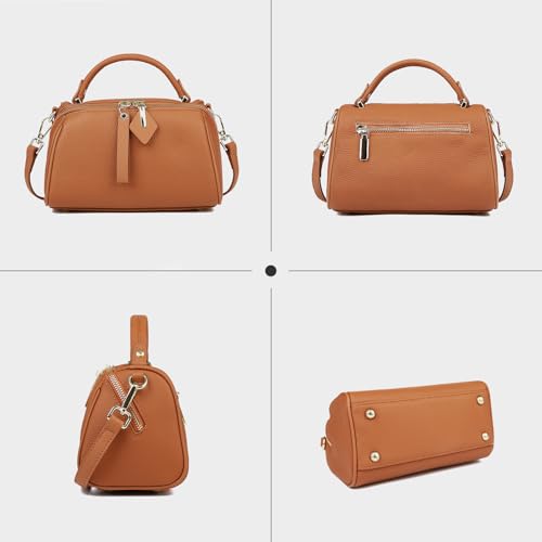 Image of MFFOR Genuine Leather Shoulder Bag, Boston Bags for Women, Top Handle Handbag, Satchel Purse with Adjustable Strap (Golden Brown)
