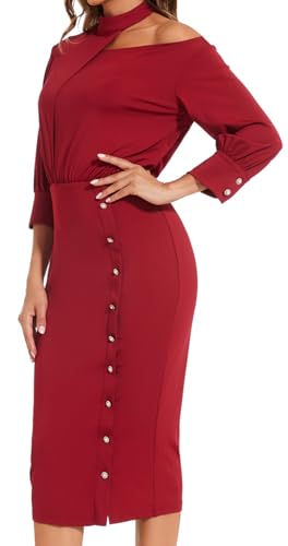 shengfan Women's Casual Long Sleeve Work Bodycon Midi Dresses Round Neck Formal Wedding Cocktail Party Wrap Pencil Dress