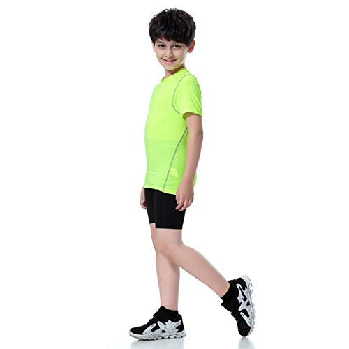 LANBAOSI Boy's Compression Shirts Pants Child's Short Sleeve Base Layer Set, Green Shirt Black Pants, Size 12