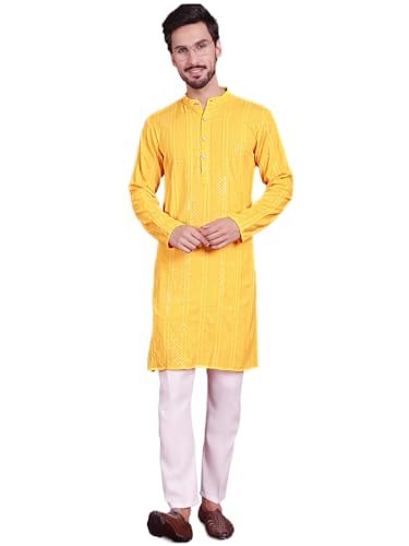 Maple Clothing Indian Chikankari Embroidered Sequined Rayon Men's Kurta Pajama