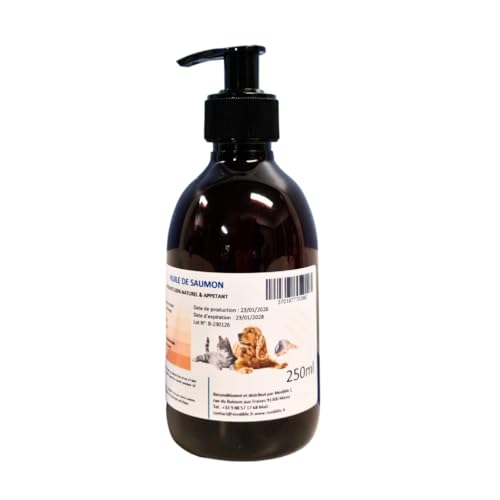 250ml Huile de Saumon 100% Naturelle pour Chiens, Chats et Chevaux, Riche en Oméga 3-6-9 et Vitamines