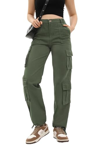 Women's Cargo Pants High Waisted Baggy Cargo Jeans Straight Leg Y2K Streetwear Trousers 8 Pockets for Women Green