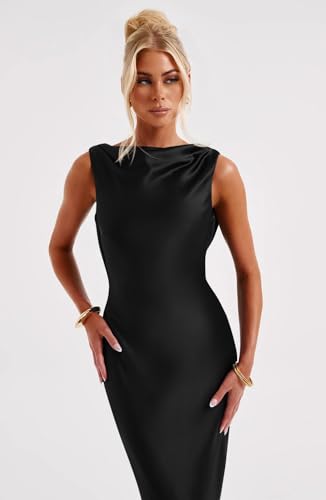 Memoriesea ME053-BLACK-S Women'S Satin Elegant Sleeveless High Neck Tie Cocktail Party Maxi Dress Black thumb #2