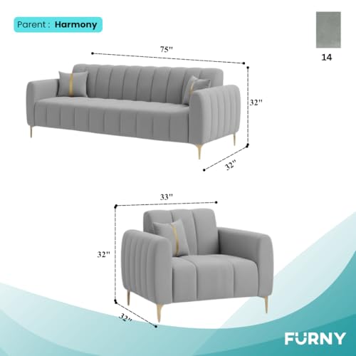 Image of FURNY Harmony 5 Seater Velvet Fabric 3+1+1 Sofa Set (Light Grey Color) with Golden Finish Legs | Durable Comfort | Ideal for Living Room